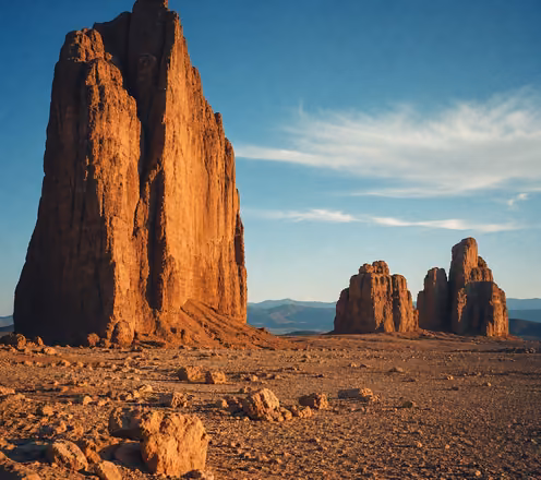 Sunlit red sandstone rock formations in a wide desert under a blue sky with a few clouds.