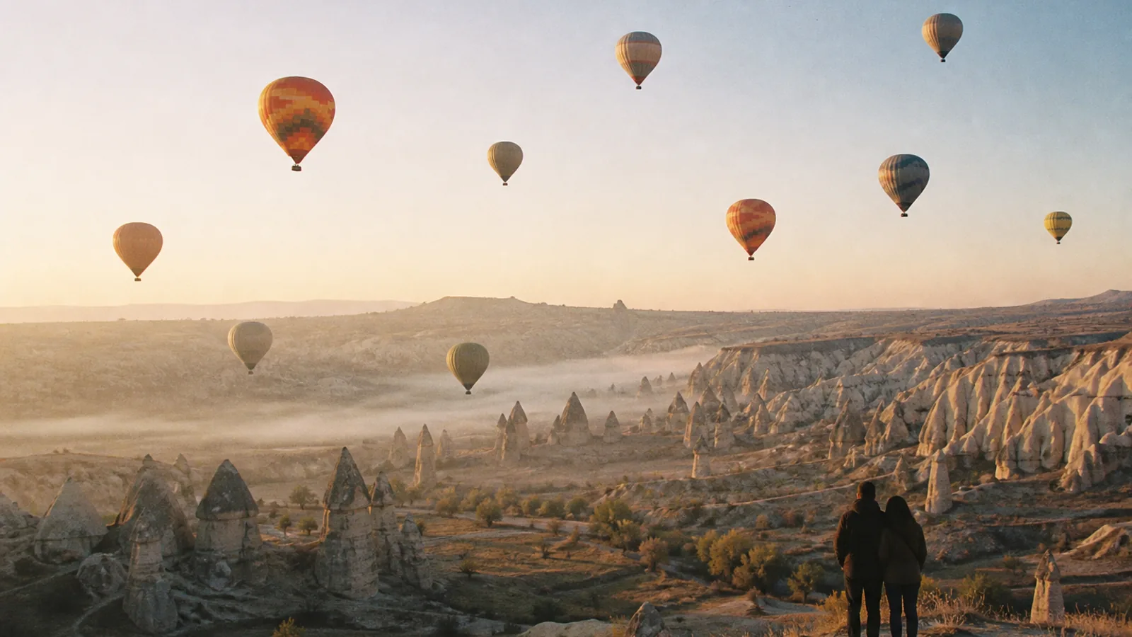 Hot air balloons rising over a valley at first light.