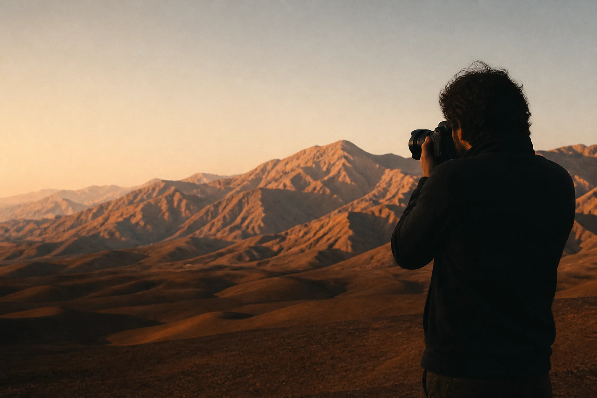 A photographer framing a range of desert mountains at sunrise.