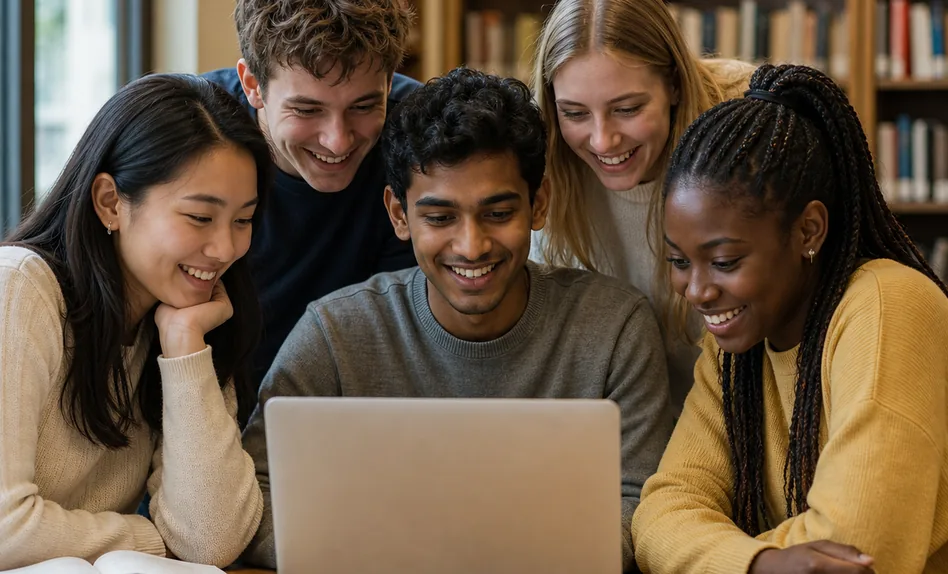 Students gathered around a laptop