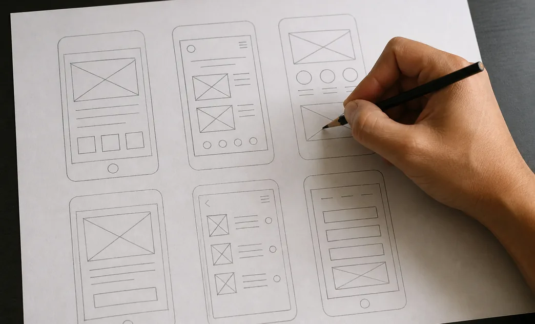 A hand sketching an app wireframe
