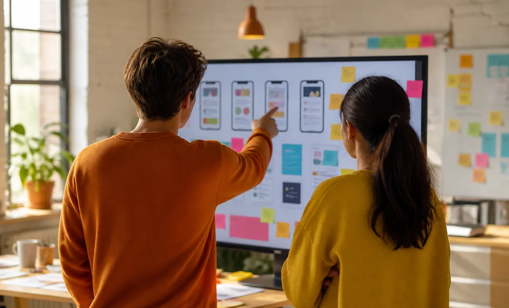 Two students reviewing screens on a large monitor