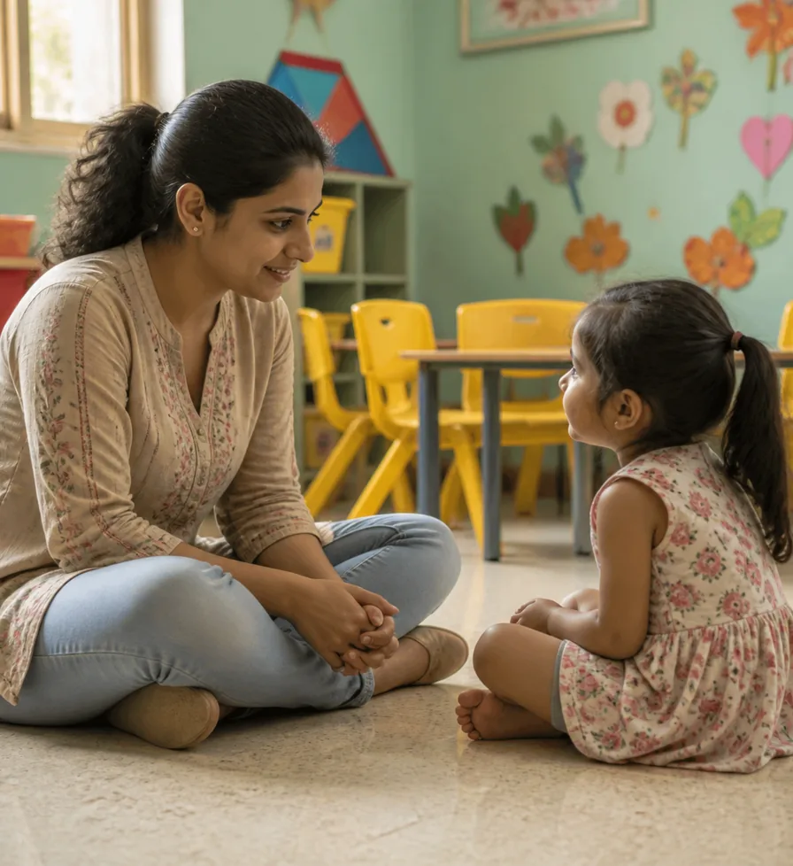 A teacher talking with a child in a nursery classroom