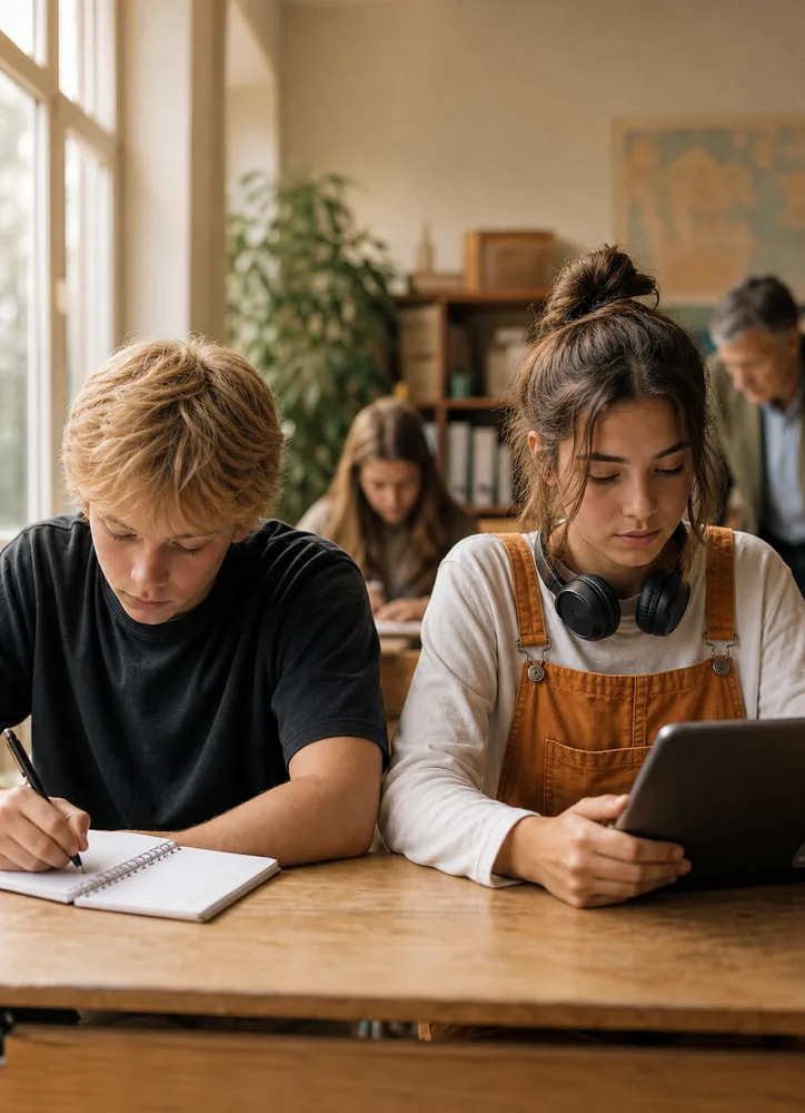 Two students working together at a classroom desk