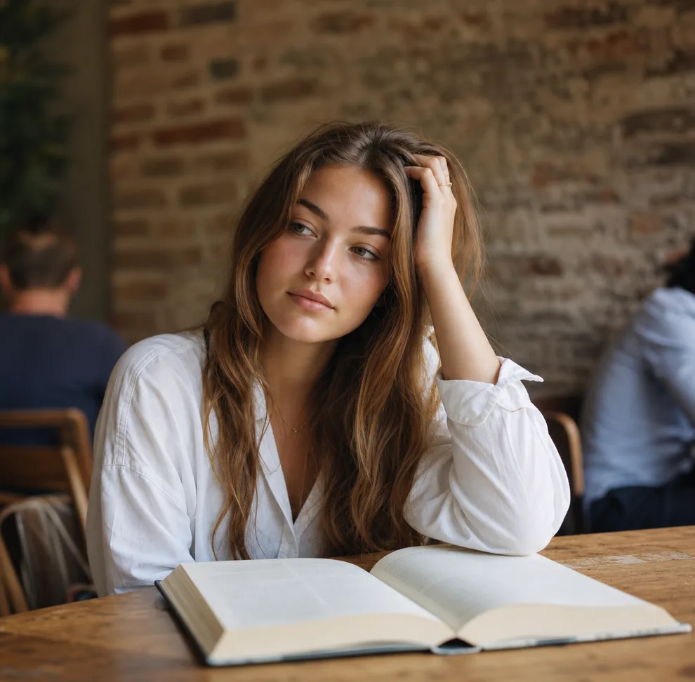 A student reading at a café table