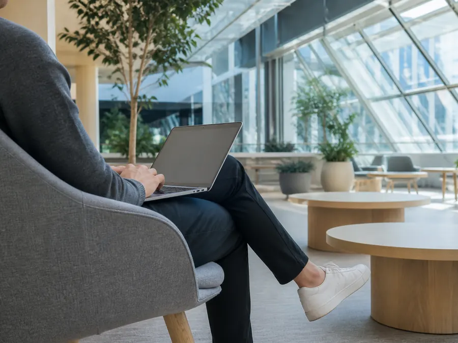 A person working on a laptop in a bright coworking space