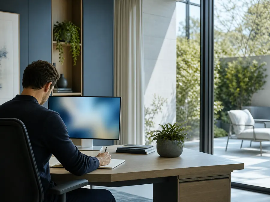 A desk seen from behind, with a large screen and a notebook