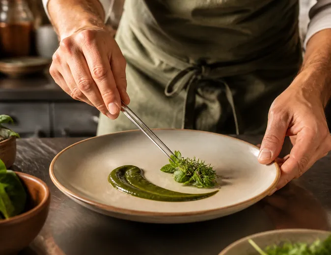 A cook plating a dish with tweezers.