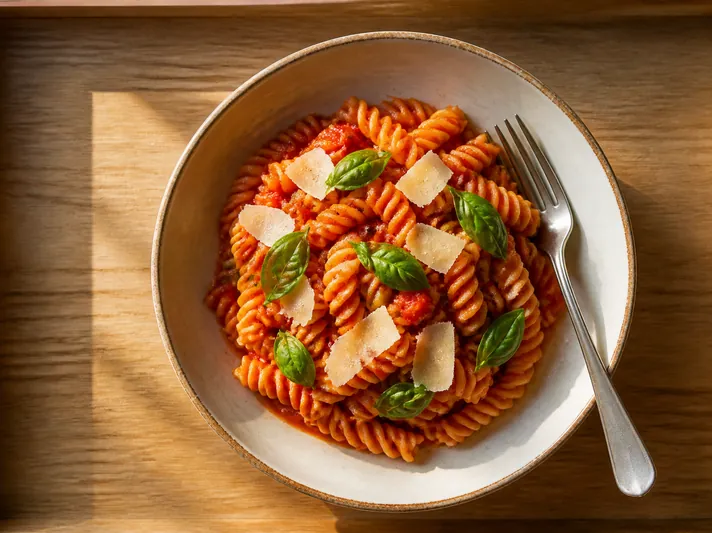 Fusilli in tomato sauce with shaved parmesan.