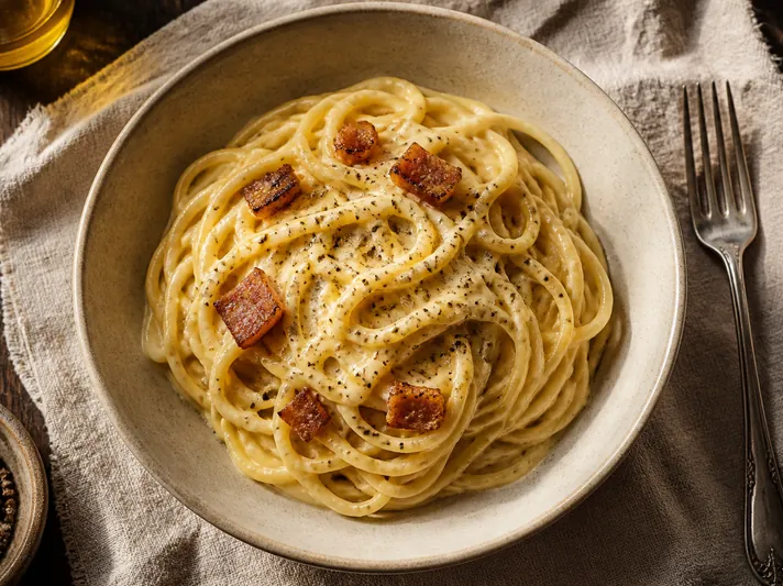 Spaghetti carbonara with cracked pepper and pancetta.