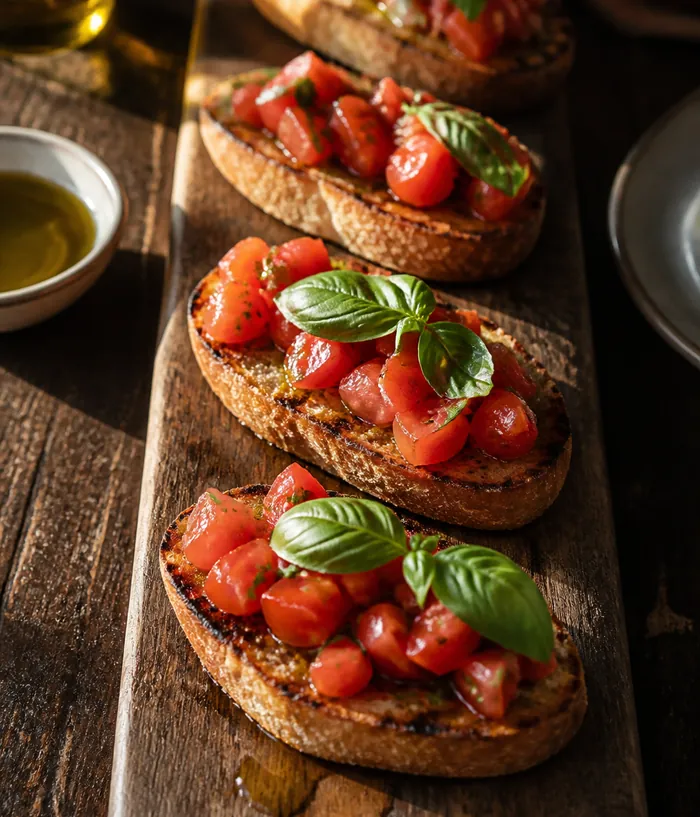 Bruschetta with tomatoes and basil on a long board.