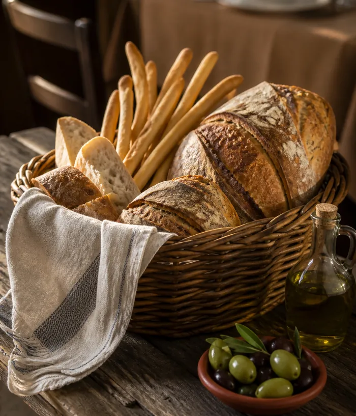 A basket of bread and grissini beside olives.