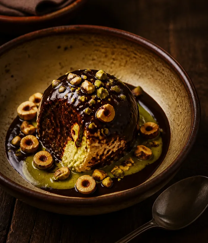 A chocolate and pistachio dessert in a shallow bowl.