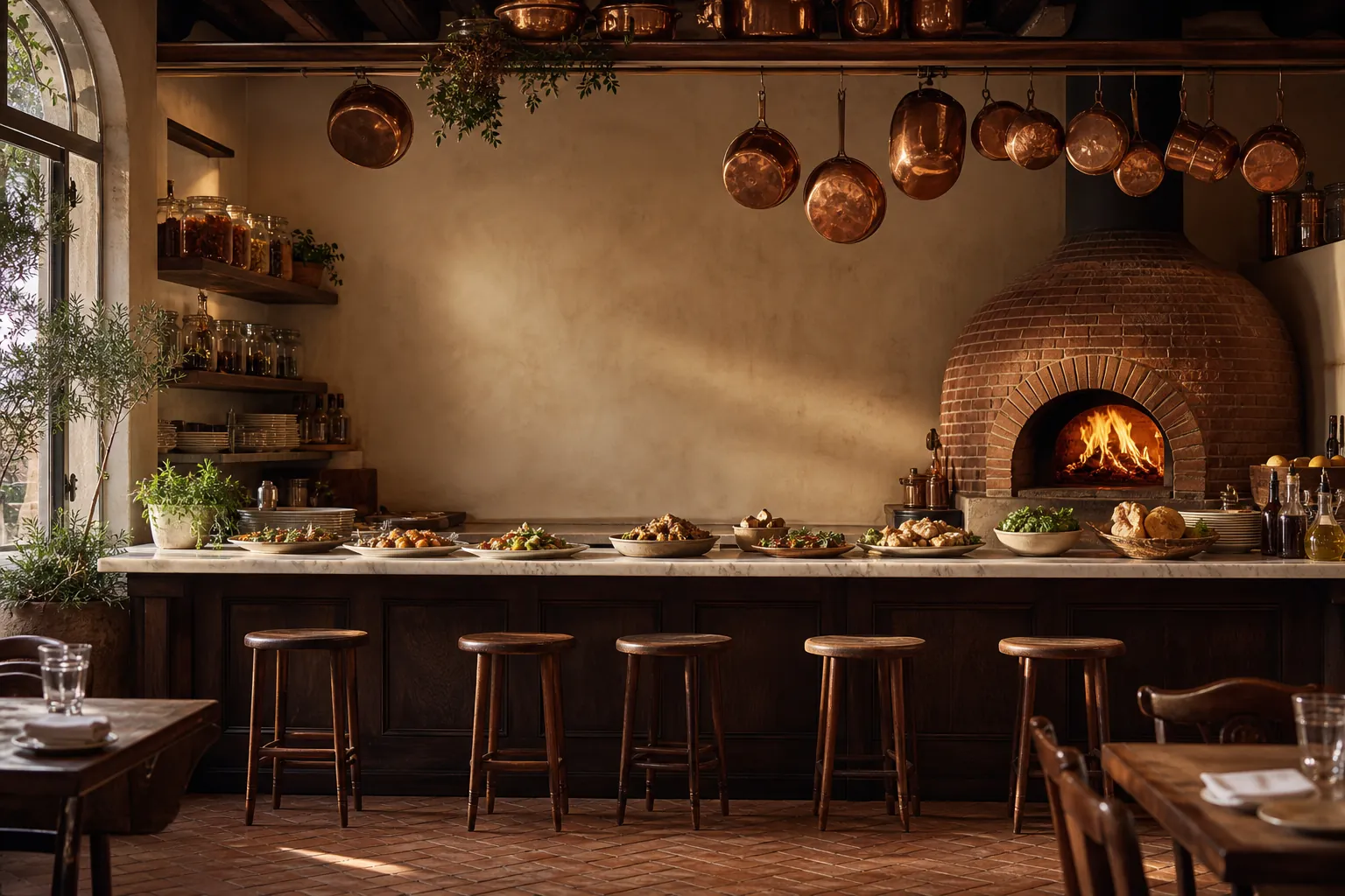 The open kitchen at Fornella, wood-fired oven lit at the back.