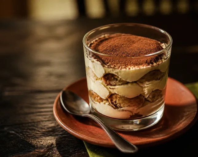 Tiramisù in a glass, dusted with cocoa.