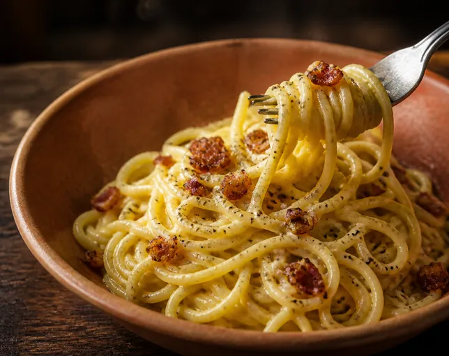 Spaghetti carbonara twirled on a fork.