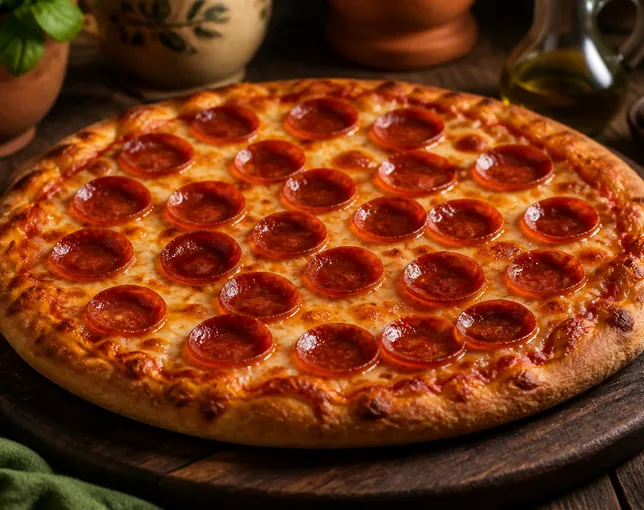 A pepperoni pizza with cupped, crisped slices.