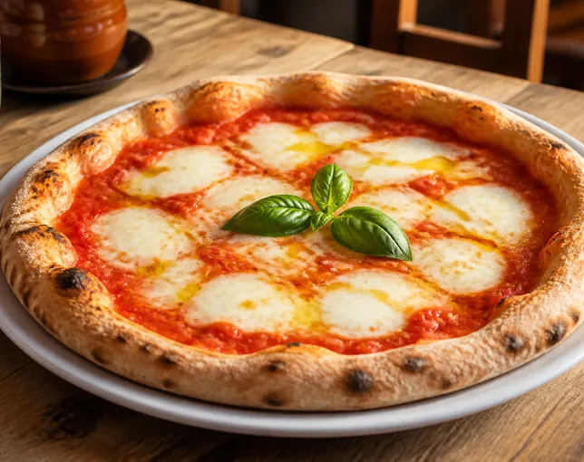 A margherita pizza with fresh basil in the middle.