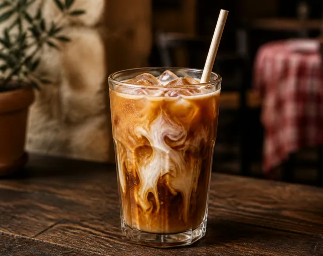 Iced coffee in a tall glass with milk swirling through it.