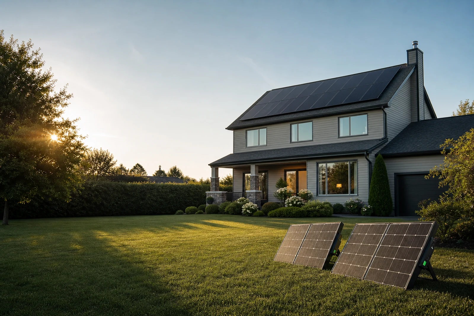 Two-storey house with roof solar panels and portable solar chargers on the front lawn