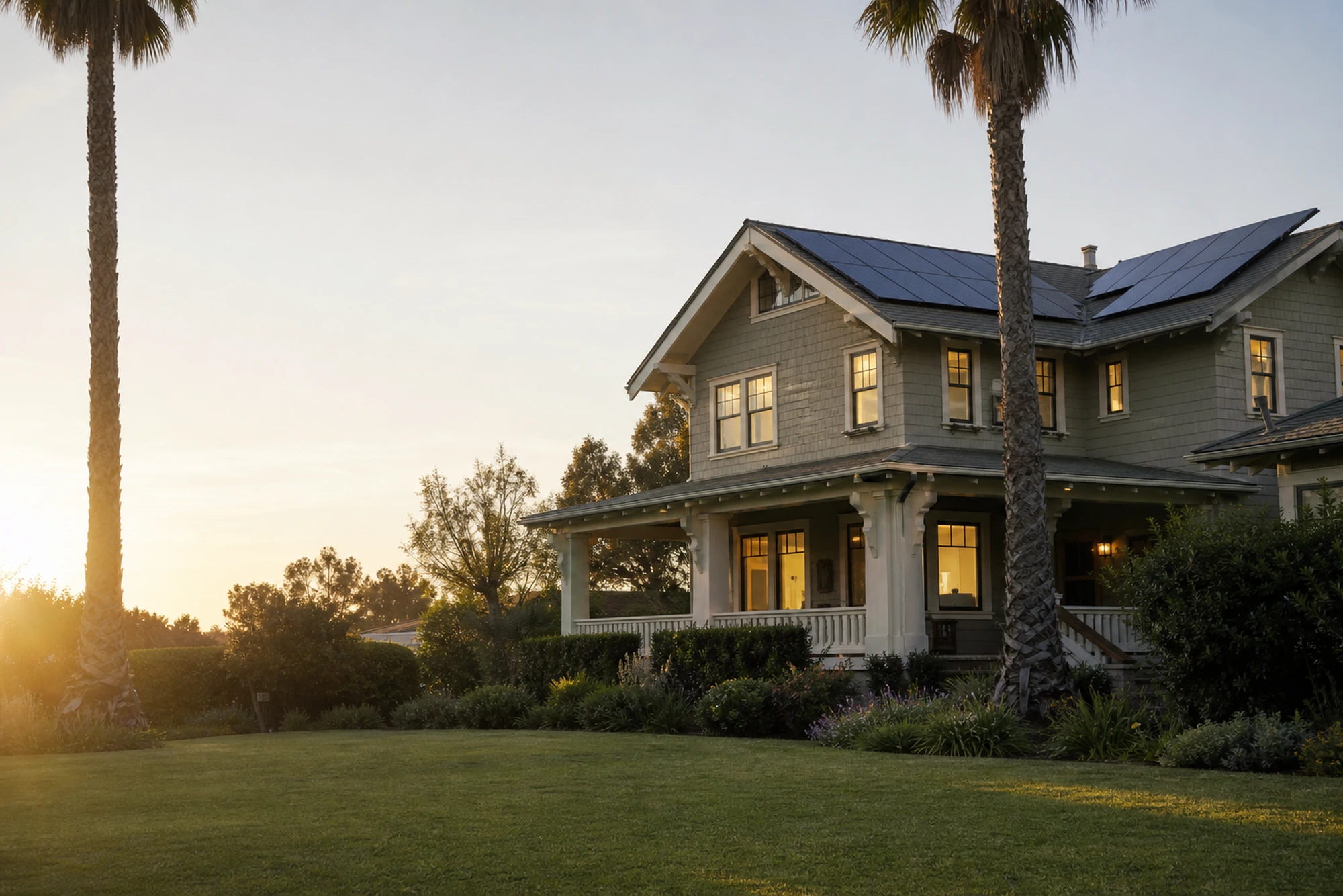 Craftsman house with roof solar panels, palm trees in the foreground