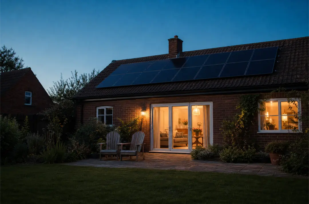 Brick house with solar panels seen from the garden at dusk