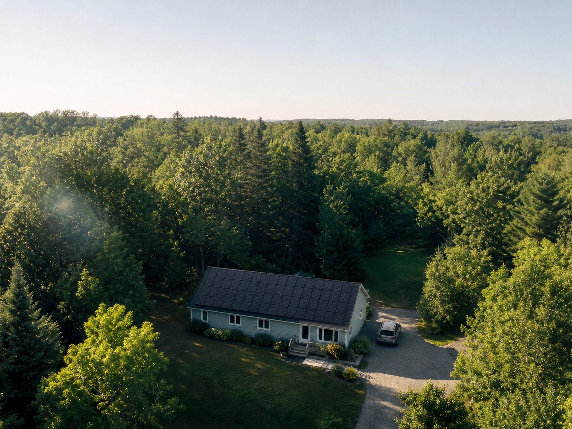 Aerial view of a house with a solar roof surrounded by dense forest