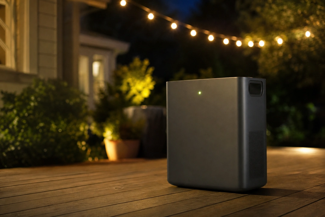 Portable home battery unit lit by warm string lights