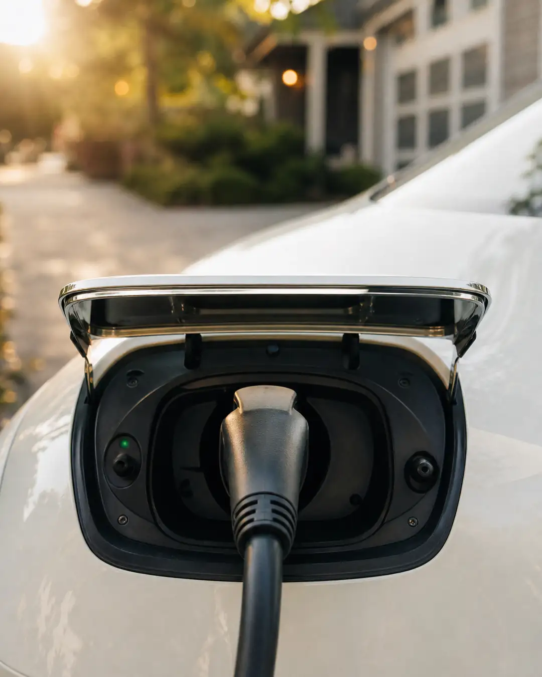 Charging cable plugged into the port of a parked electric car