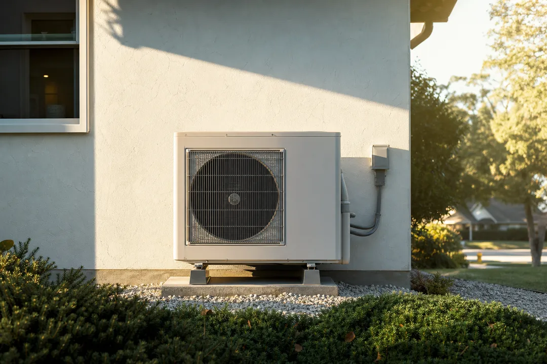 Outdoor unit of an air-source heat pump against a house wall