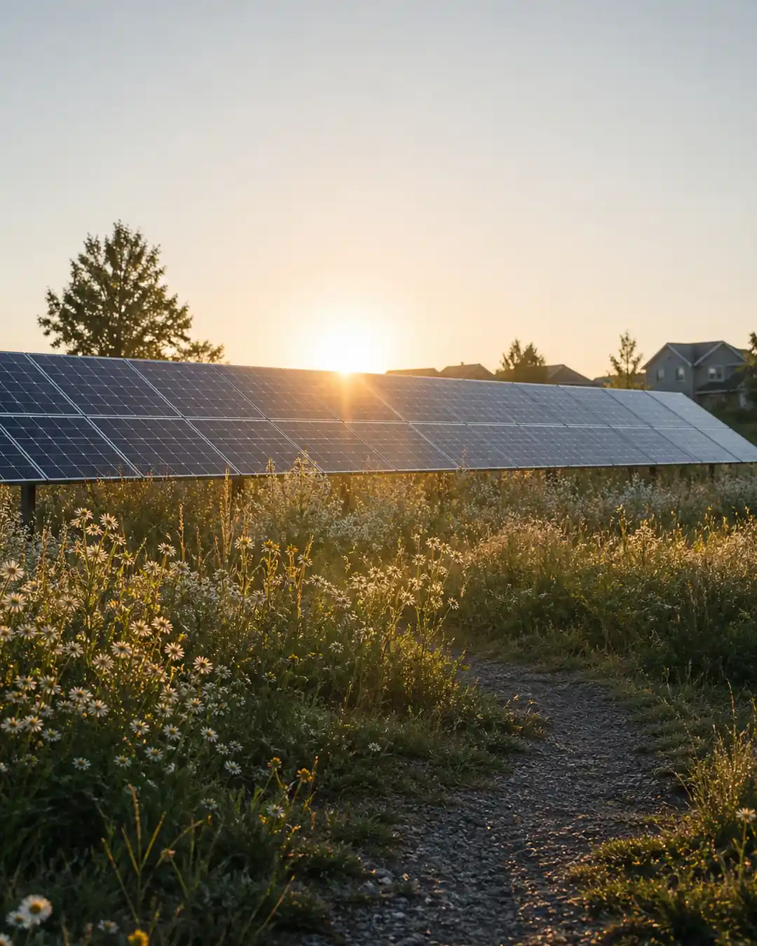 Solar panels in a field of wildflowers at sunrise