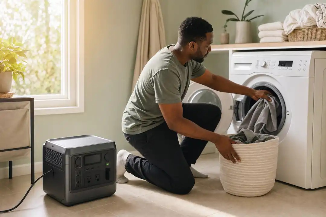 Person loading a washing machine next to a home power station
