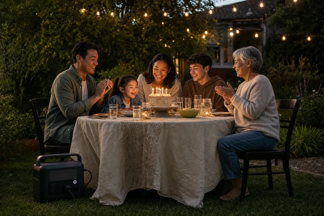 Family celebrating a birthday in a garden with string lights and a power station