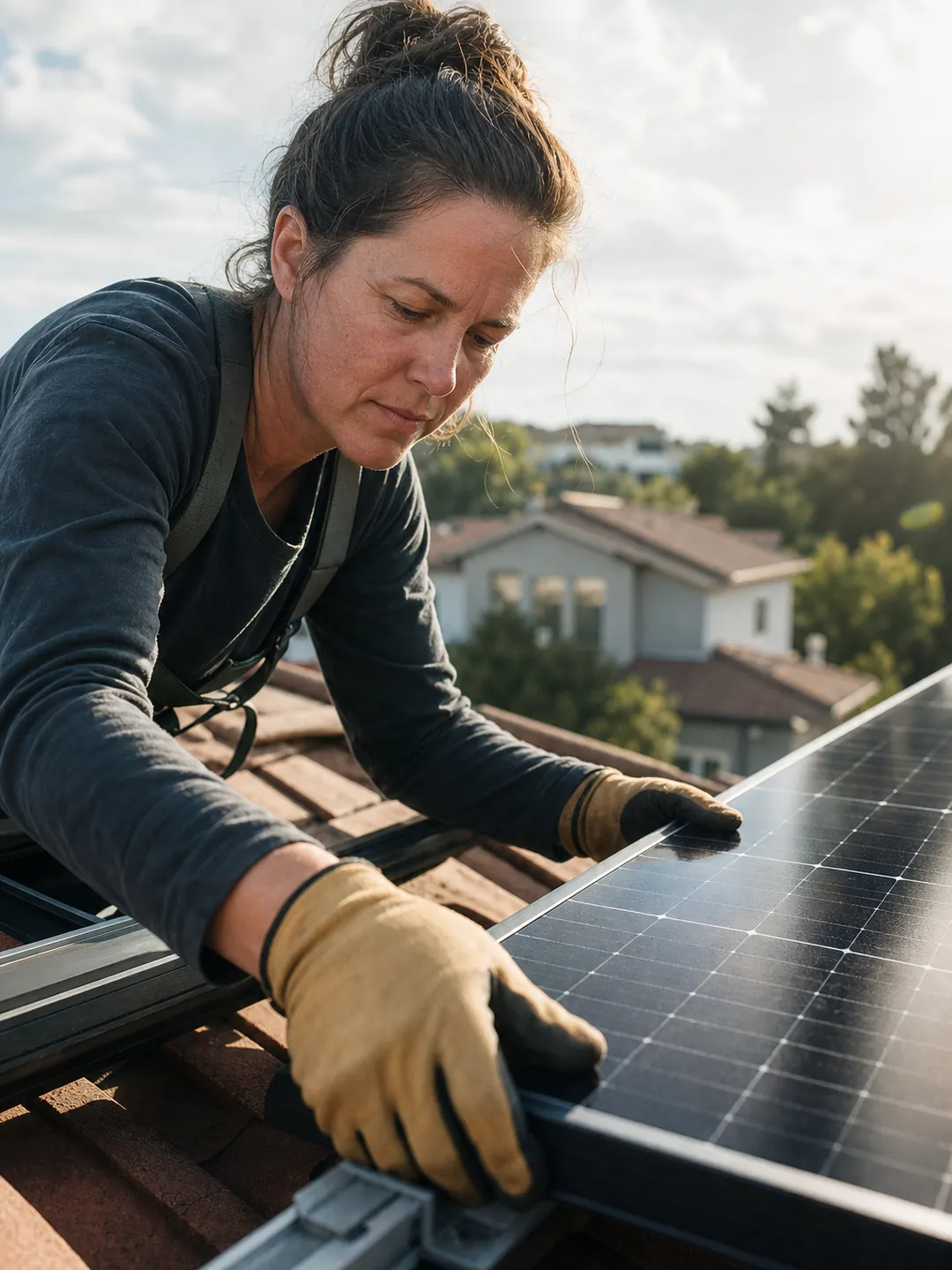 Installer in gloves fitting a solar panel on a rooftop
