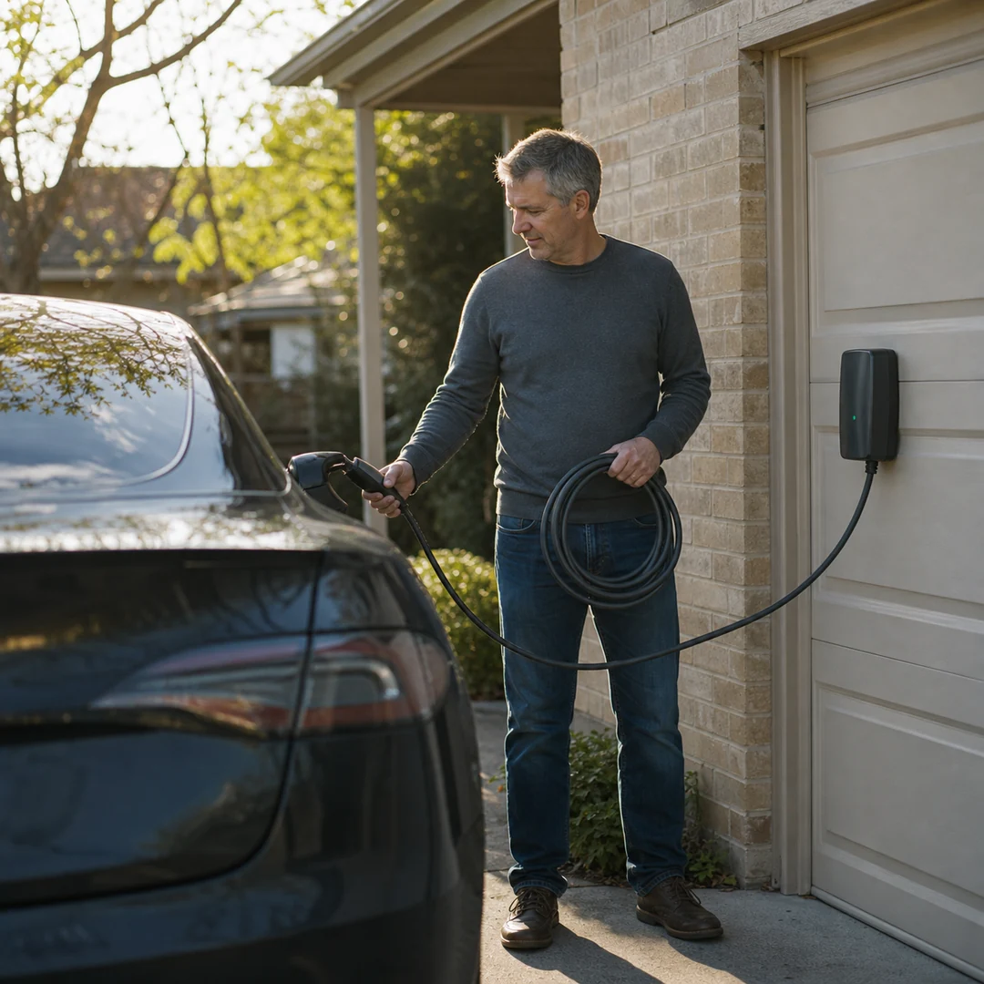 Woman holding an electric car charger next to a garage