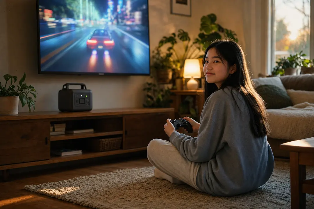 Person playing a racing game in a living room with a power station nearby