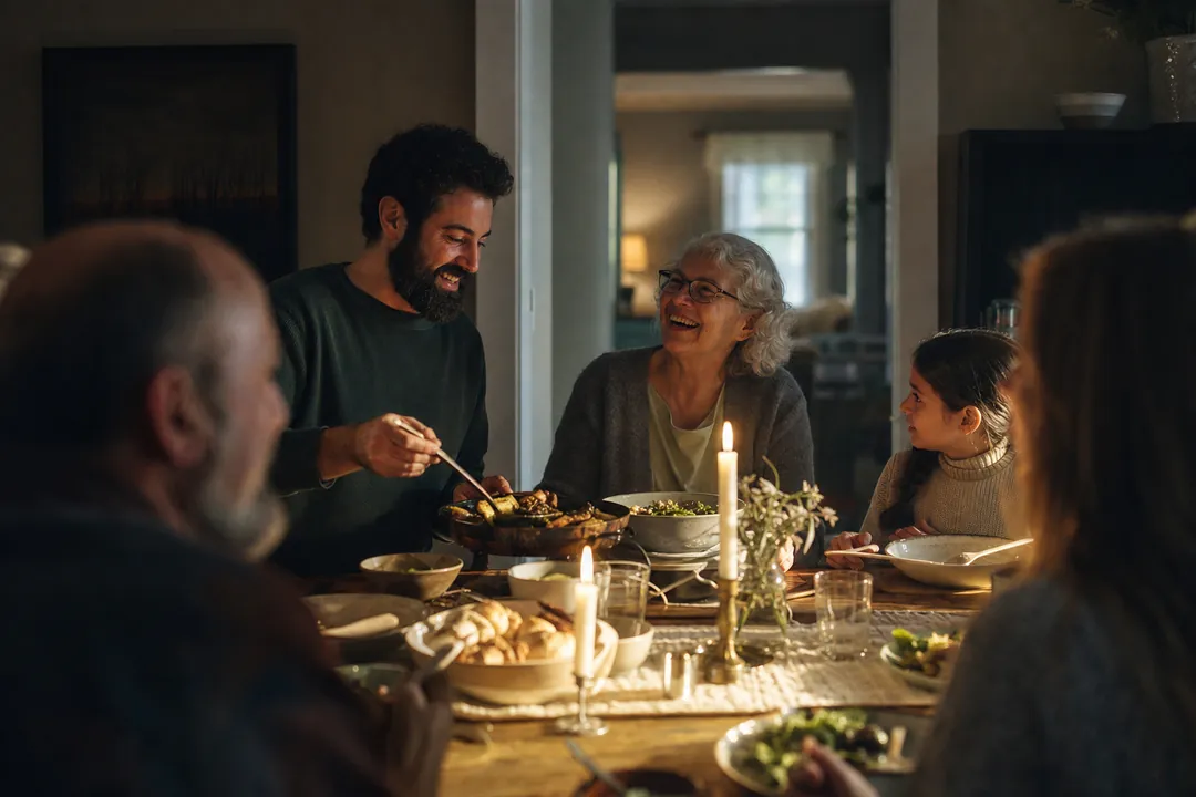 Family sharing a candlelit meal around a dining table