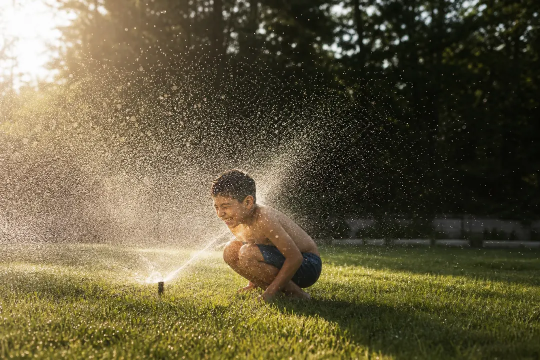 Child playing in the spray of a garden hose on a sunny day