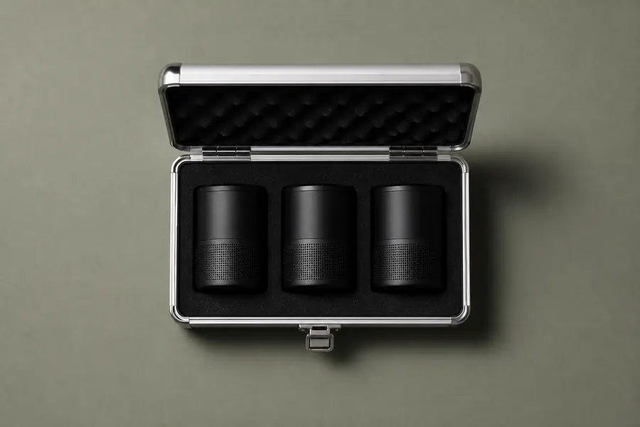 Three small speakers in an open aluminium case