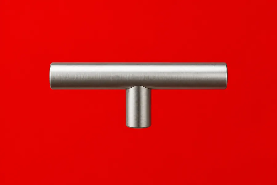 A brushed steel handle against a vivid red backdrop