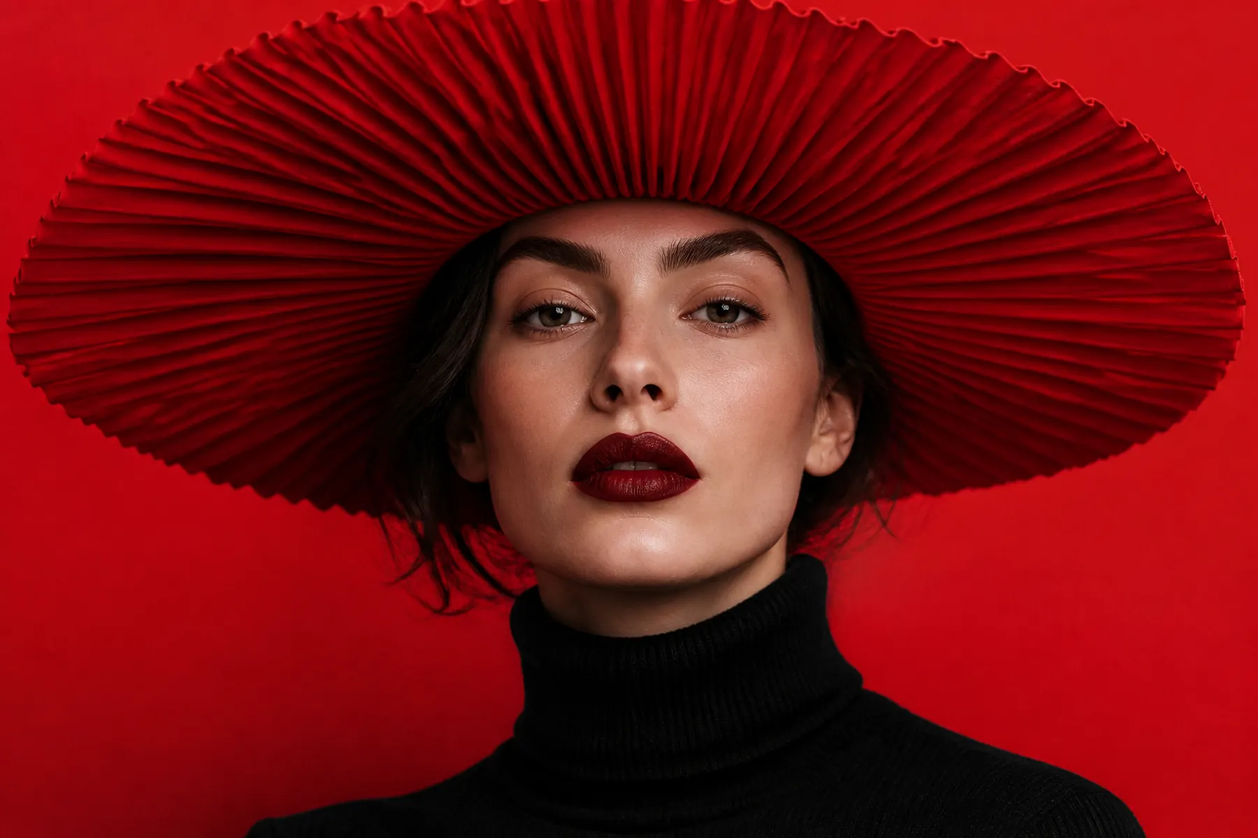 A model in a wide scarlet hat against a scarlet backdrop