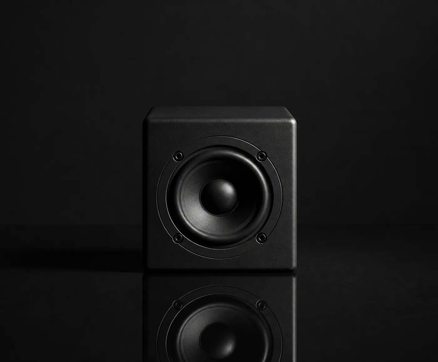 Nocturne Type cover: a matte black speaker cube on a mirrored surface