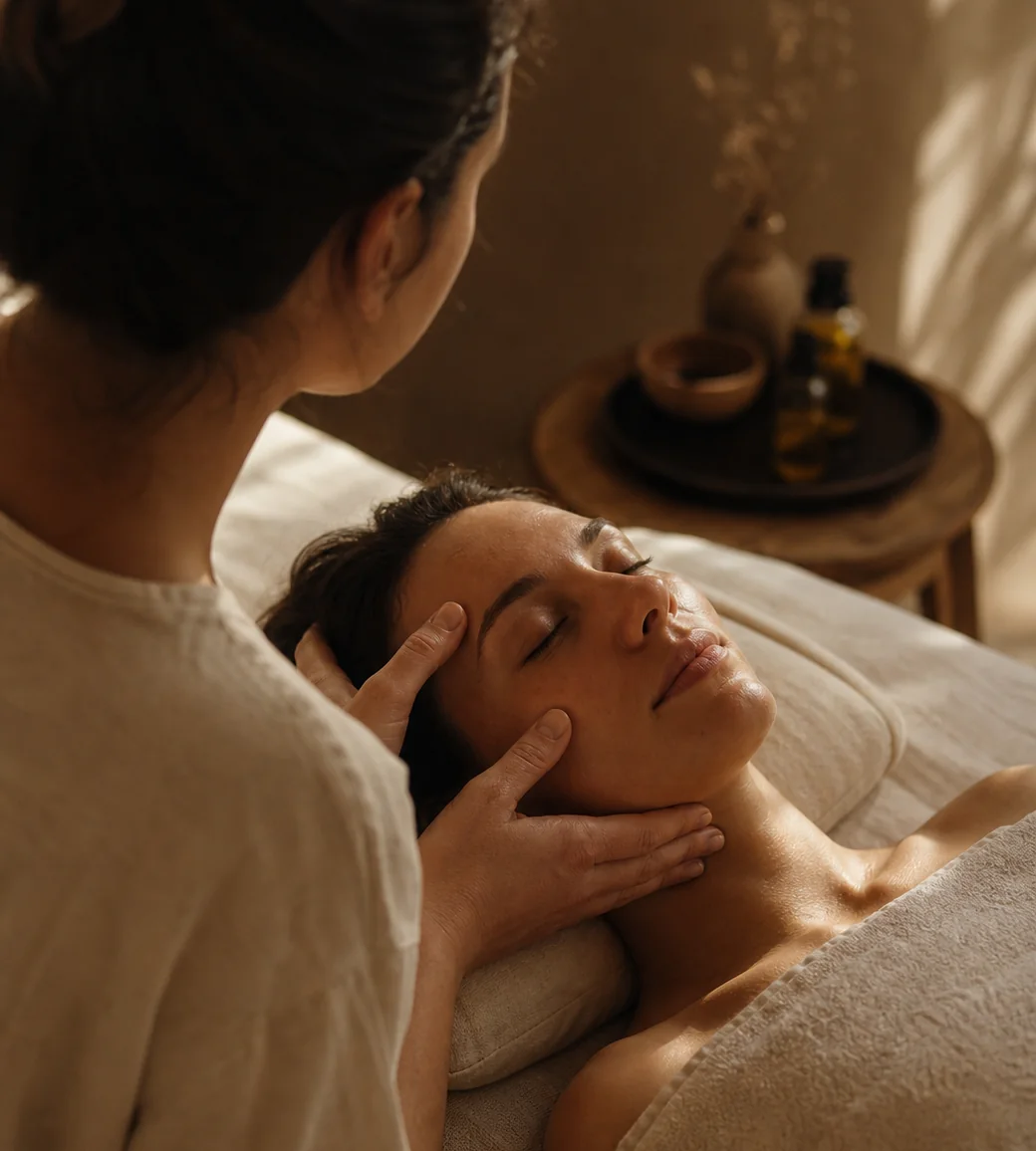 A therapist applying a treatment to a guest lying under a warm towel
