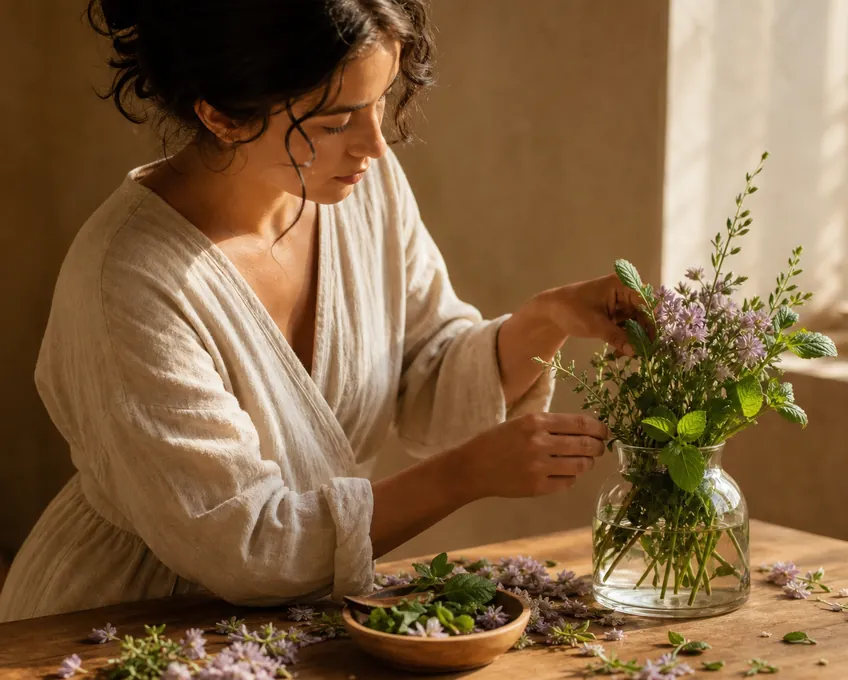 A woman arranging flowers and herbs on a table