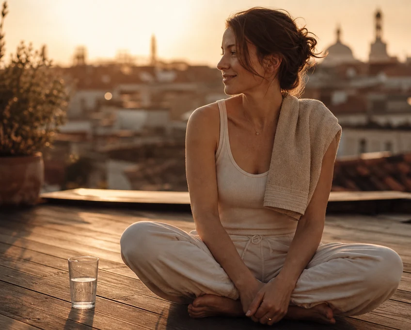 A woman sitting on a terrace with a towel over her shoulder