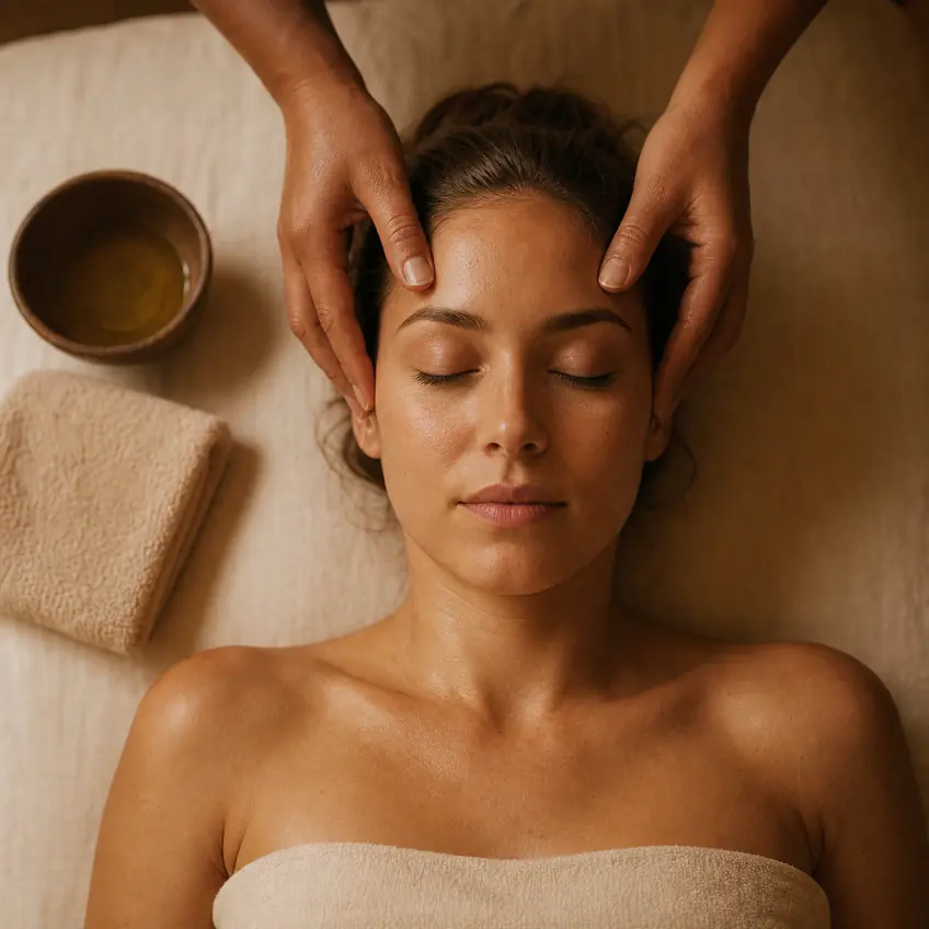 A therapist working along the temples during an aromatic massage