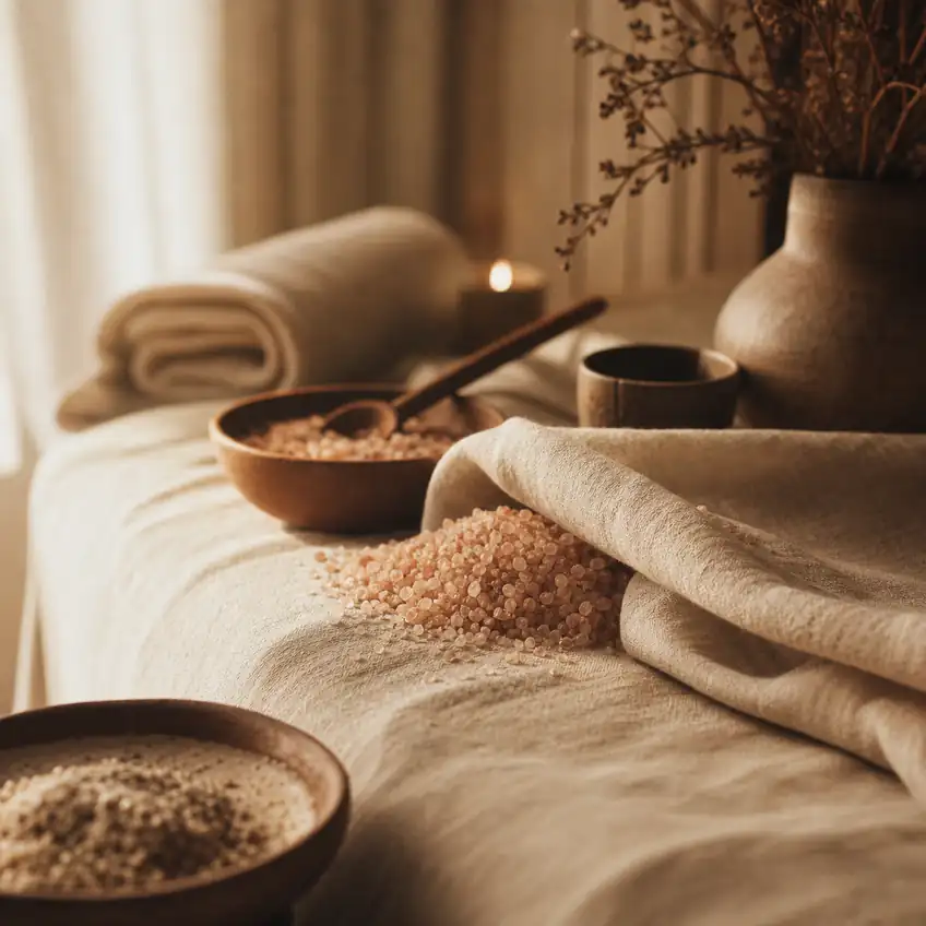 Mineral salt applied to a guest's back during a body ritual