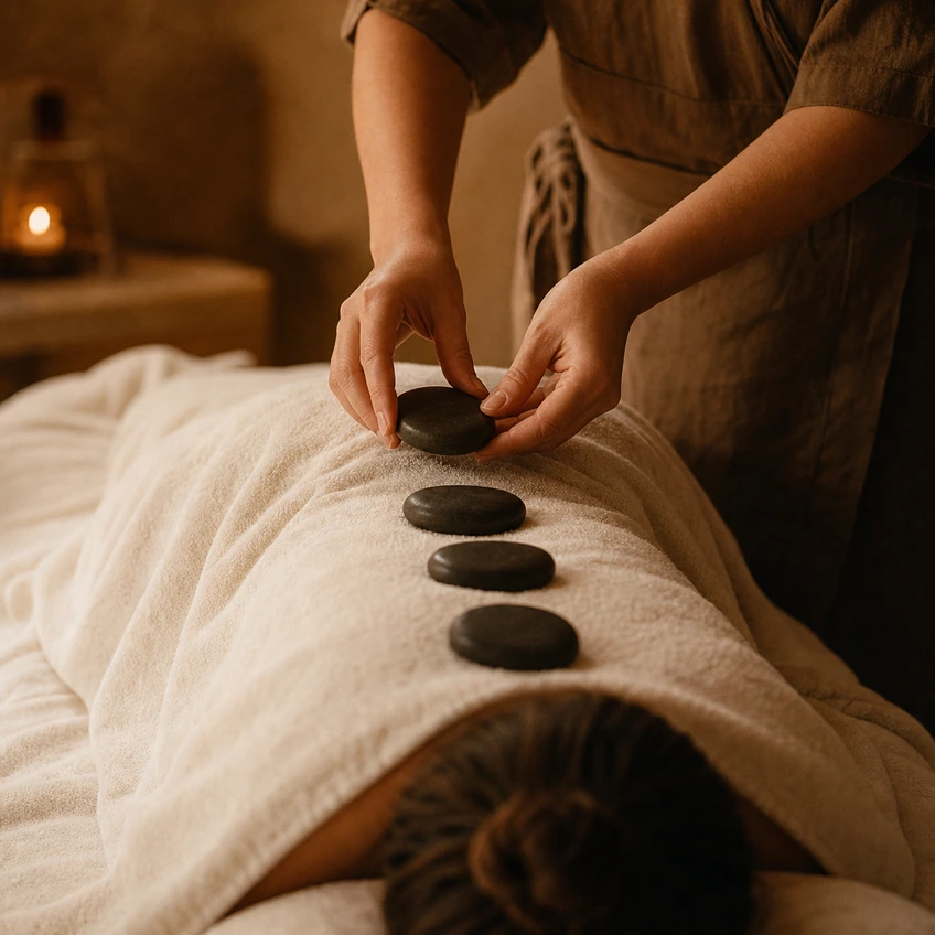 Warm basalt stones placed along a guest's spine