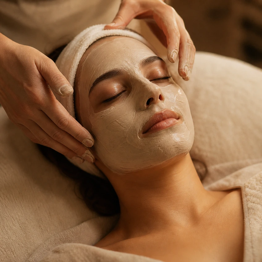 A clay mask being smoothed onto a guest's face