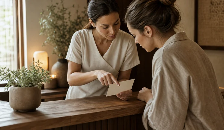 Two people choosing a treatment at the reception desk